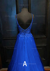 Evening Dress Shopping, A-line V Neck Spaghetti Straps Sweep Train Tulle Prom Dress With Appliqued