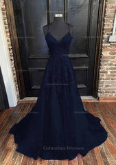 Evening Dress Shops, A-line V Neck Spaghetti Straps Sweep Train Tulle Prom Dress With Appliqued
