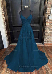 Evening Dress Near Me, A-line V Neck Spaghetti Straps Sweep Train Tulle Prom Dress With Appliqued
