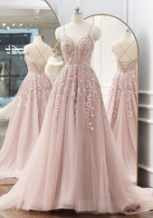 Prom Dresses 2050 Black, A-line V Neck Spaghetti Straps Sweep Train Tulle Prom Dress With Appliqued Beading