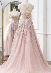 Prom Dresses With Shorts Underneath, A-line V Neck Spaghetti Straps Sweep Train Tulle Prom Dress With Appliqued Beading