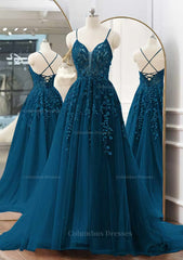 Prom Dress Tight Fitting, A-line V Neck Spaghetti Straps Sweep Train Tulle Prom Dress With Appliqued Beading