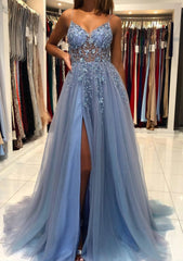 Prom Dresses Shopping, A-line V Neck Spaghetti Straps Sweep Train Tulle Prom Dress With Beading Sequins Split
