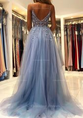Prom Dress Shops, A-line V Neck Spaghetti Straps Sweep Train Tulle Prom Dress With Beading Sequins Split