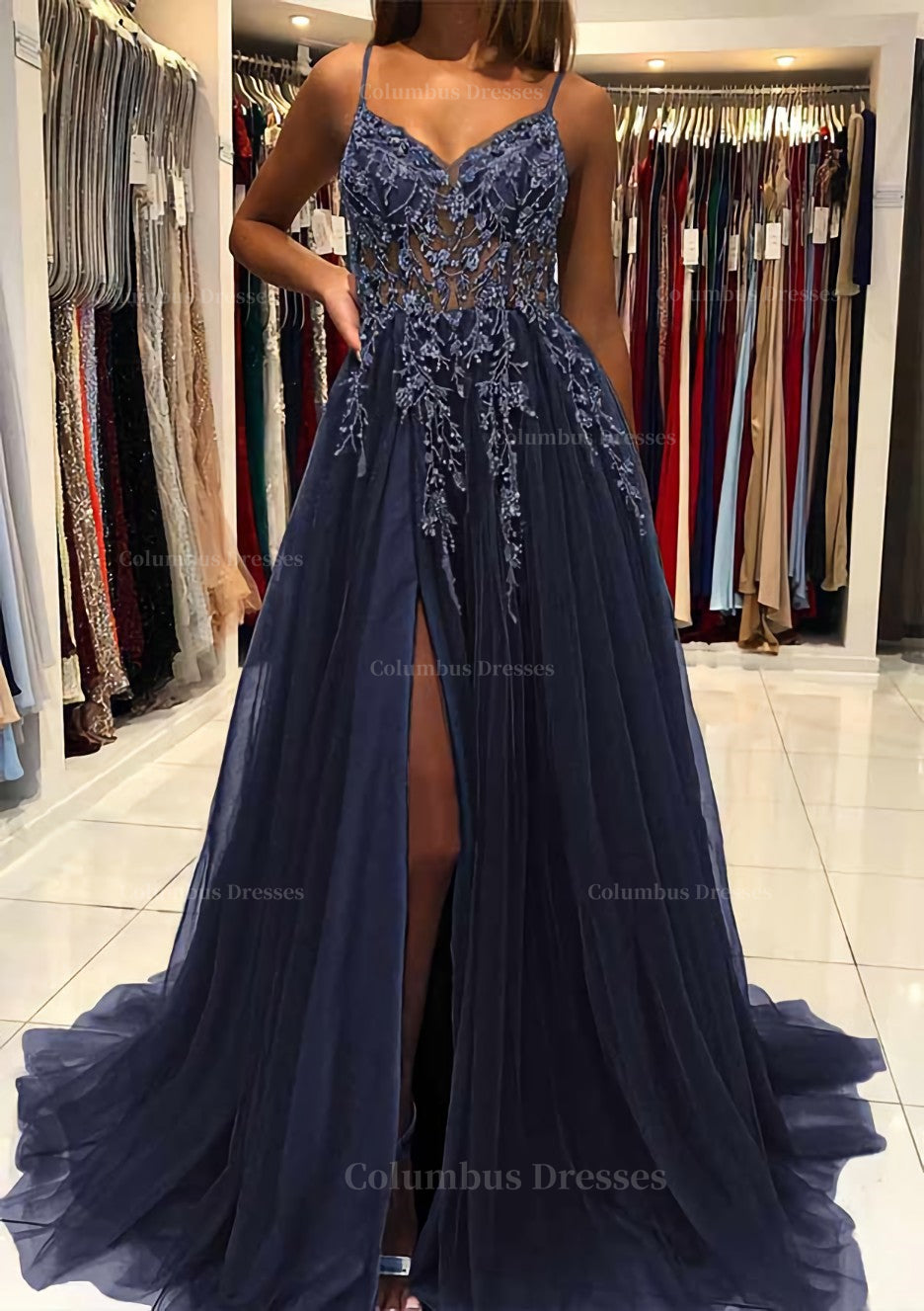 Prom Dresses Shops, A-line V Neck Spaghetti Straps Sweep Train Tulle Prom Dress With Beading Sequins Split