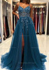 Prom Dresses Inspired, A-line V Neck Spaghetti Straps Sweep Train Tulle Prom Dress With Beading Sequins Split
