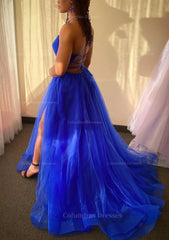 Party Dress Style, A-line V Neck Spaghetti Straps Sweep Train Tulle Prom Dress With Split
