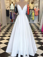 Prom Dresses Styles, A Line V Neck Spaghetti Straps White Prom Dresses, V Neck White Formal Graduation Evening Dresses
