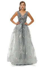 Homecoming Dress Styles, A-line V-neck Strap Lace Sequined Beaded Open Back Floor-length Prom Dresses