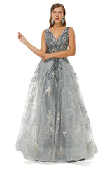 Homecoming Dresses Freshman, A-line V-neck Strap Lace Sequined Beaded Open Back Floor-length Prom Dresses