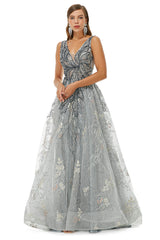 Homecoming Dress Classy, A-line V-neck Strap Lace Sequined Beaded Open Back Floor-length Prom Dresses