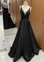Semi Formal Dress, A-line V Neck Sweep Train Satin Prom Dress With Pleated