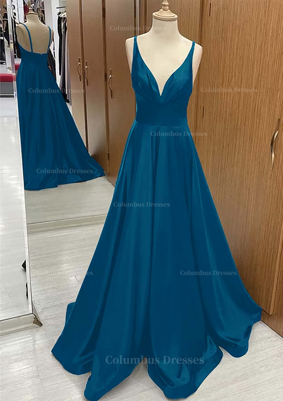Unique Prom Dress, A-line V Neck Sweep Train Satin Prom Dress With Pleated