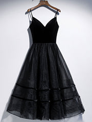Party Dress Shiny, A Line V Neck Tea Length Black Velvet Prom Dresses, Black Tea Length Graduation Homecoming Dresses
