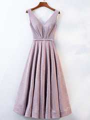 Night Out Outfit, A Line V Neck Tea Length Gray/Pink Prom Dresses, Shiny Tea Length Formal Dresses