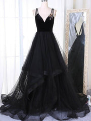 Evening Dresses For Wedding Guest, A Line V Neck Tulle Black Ball Gown, Black Prom, Black Formal