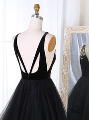 Evening Dresses Off The Shoulder, A Line V Neck Tulle Black Ball Gown, Black Prom, Black Formal