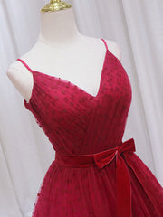 Ruffle Dress, A-Line V Neck Tulle Burgundy Long Prom Dress, Burgundy Formal Dresses