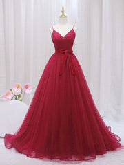 Black Gown, A-Line V Neck Tulle Burgundy Long Prom Dress, Burgundy Formal Dresses