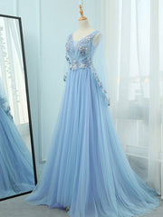 Homecomming Dresses Black, A-Line V Neck  Tulle Lace Blue Long Prom Dresses, Blue Formal Evening Dress