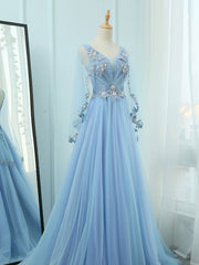 Homecoming Dresses Pink, A-Line V Neck  Tulle Lace Blue Long Prom Dresses, Blue Formal Evening Dress