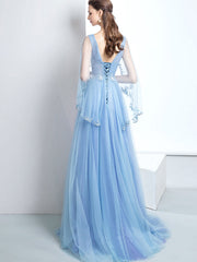 Homecoming Dress Pink, A-Line V Neck  Tulle Lace Blue Long Prom Dresses, Blue Formal Evening Dress