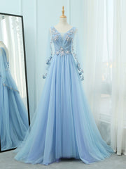 Homecomeing Dresses Black, A-Line V Neck  Tulle Lace Blue Long Prom Dresses, Blue Formal Evening Dress