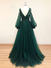 Homecoming Dresses Silk, A-Line V Neck Tulle Lace Green Long Prom Dress, Green Formal Evening Dresses