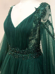 Homecoming Dresses Tight, A-Line V Neck Tulle Lace Green Long Prom Dress, Green Formal Evening Dresses