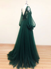 Homecoming Dresses 2019, A-Line V Neck Tulle Lace Green Long Prom Dress, Green Formal Evening Dresses