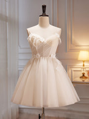 Wedding Dress Guest, A-Line V Neck Tulle Light Champagne Short Prom Dress, Champagne Homecoming Dress