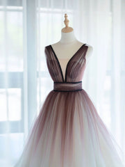 Homecomming Dress Long, A-Line V Neck Tulle Long Brown Prom Dresses, Tulle Long Evening Dresses