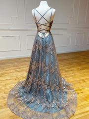 Homecoming Dress Sparkles, A-Line  V Neck Tulle Sequin Long Prom Dress, Backless Long Evening Dresses