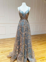 Homecoming Dresses Sparkle, A-Line  V Neck Tulle Sequin Long Prom Dress, Backless Long Evening Dresses