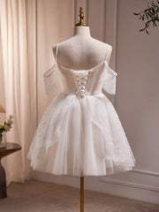 Formal Dress For Party Wear, A-Line V Neck Tulle Short Beige Prom Dress, Cute Beige Homecoming Dress