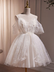 Formal Dresses Australia, A-Line V Neck Tulle Short Beige Prom Dress, Cute Beige Homecoming Dress