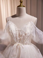 Formal Dress Long Sleeve, A-Line V Neck Tulle Short Beige Prom Dress, Cute Beige Homecoming Dress