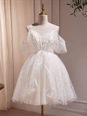 Formal Dresses Long Blue, A-Line V Neck Tulle Short Beige Prom Dress, Cute Beige Homecoming Dress