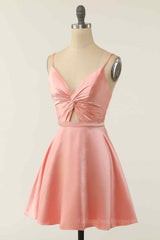 Simple Prom Dress, A-line V Neck Twist Knot Cut-Out Pleated Mini Homecoming Dress