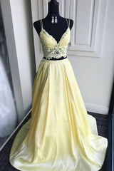 Formal Dress Outfit Ideas, A Line V Neck Two Pieces Lace Top Yellow Prom Dress, Two Pieces Yellow Formal Dress, Yellow Lace Evening Dress