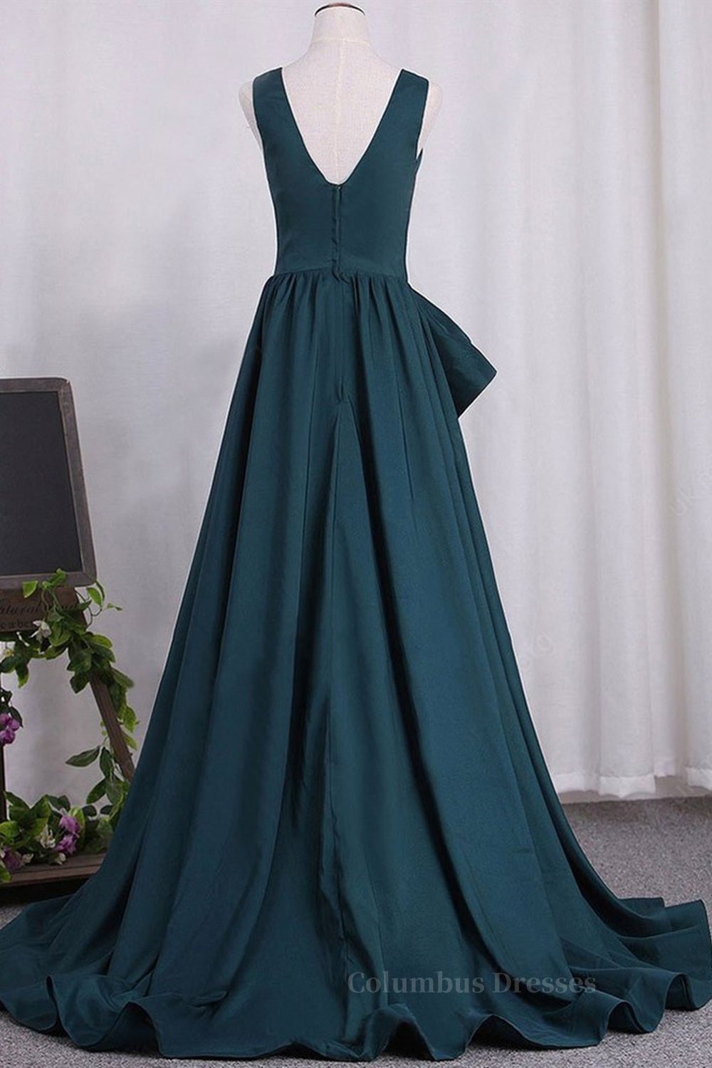 Party Dress Bling, A Line V Neck V Back Green Satin Long Prom Dresses, Long Green Formal Evening Dresses