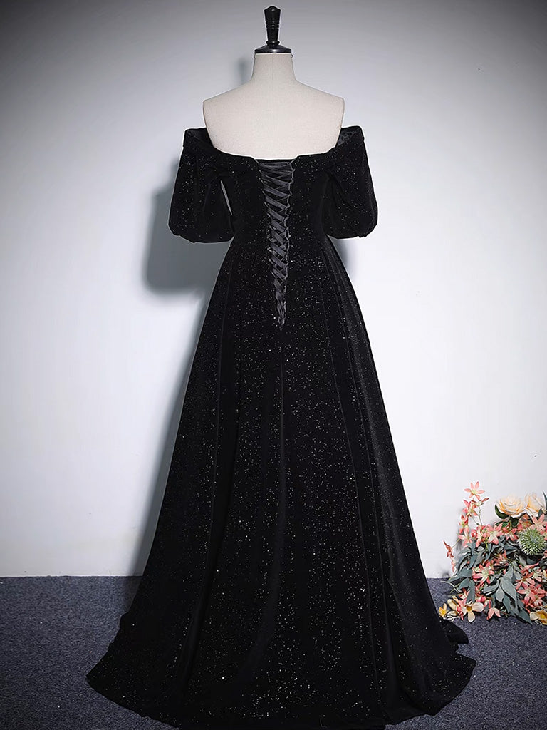 Formal Dresses Vintage, A-Line V Neck Velvet Black Long Prom Dress, Black Formal Evening Dress