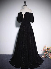 Formal Dresses 2026, A-Line V Neck Velvet Black Long Prom Dress, Black Formal Evening Dress