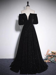 Formal Dresses 2025, A-Line V Neck Velvet Black Long Prom Dress, Black Formal Evening Dress