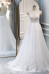 Wedding Dress Fittings, A Line V Neck White Lace Long Prom Dress, White Lace Wedding Dress, White Formal Evening Dress