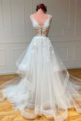 Wedding Dress For Short Brides, A Line V Neck White Lace Long Prom Dress, White Lace Wedding Dress, White Formal Evening Dress