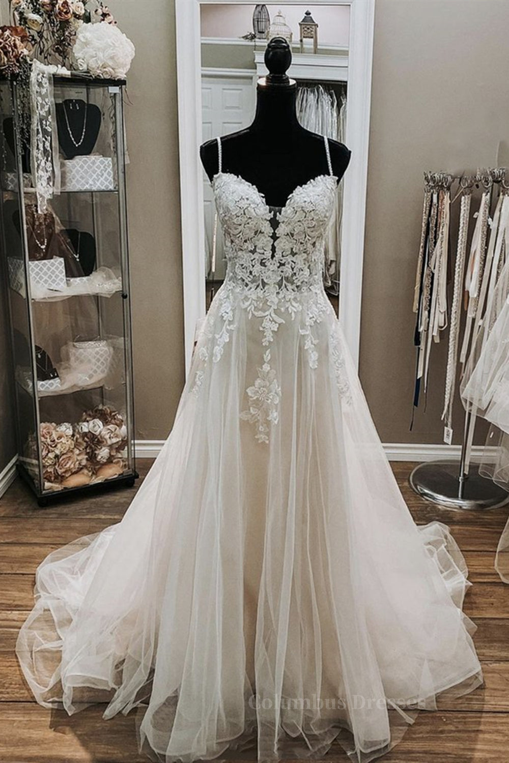 Wedding Dress Styles 2033, A Line V Neck White Lace Long Prom Wedding Dress, Thin Strap White Lace Formal Dress, White Lace Evening Dress