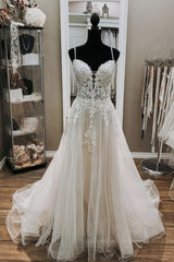 Wedding Dress Styles 2033, A Line V Neck White Lace Long Prom Wedding Dress, Thin Strap White Lace Formal Dress, White Lace Evening Dress