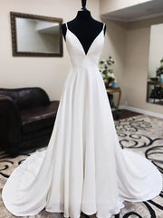 Wedding Dresses On Sale, A Line V Neck White Wedding Dresses with Lace Back, White V Neck Prom Formal Dresses