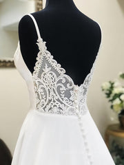 Wedding Dresses With Sleeves Lace, A Line V Neck White Wedding Dresses with Lace Back, White V Neck Prom Formal Dresses